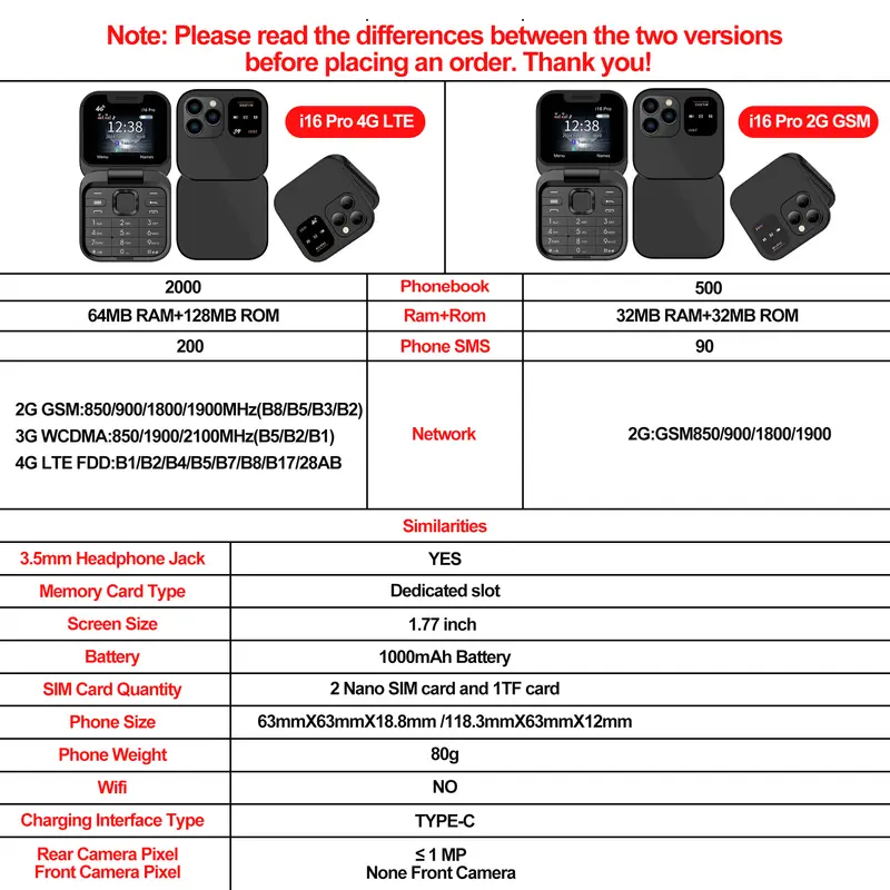 SERVO Mini Flip Mobile Phone 4G/2G Cellular 1.77" Diaplay Speed Dial Flashlight Recorder FM Radio Dual SIM Foldable Cellphones - Image 2