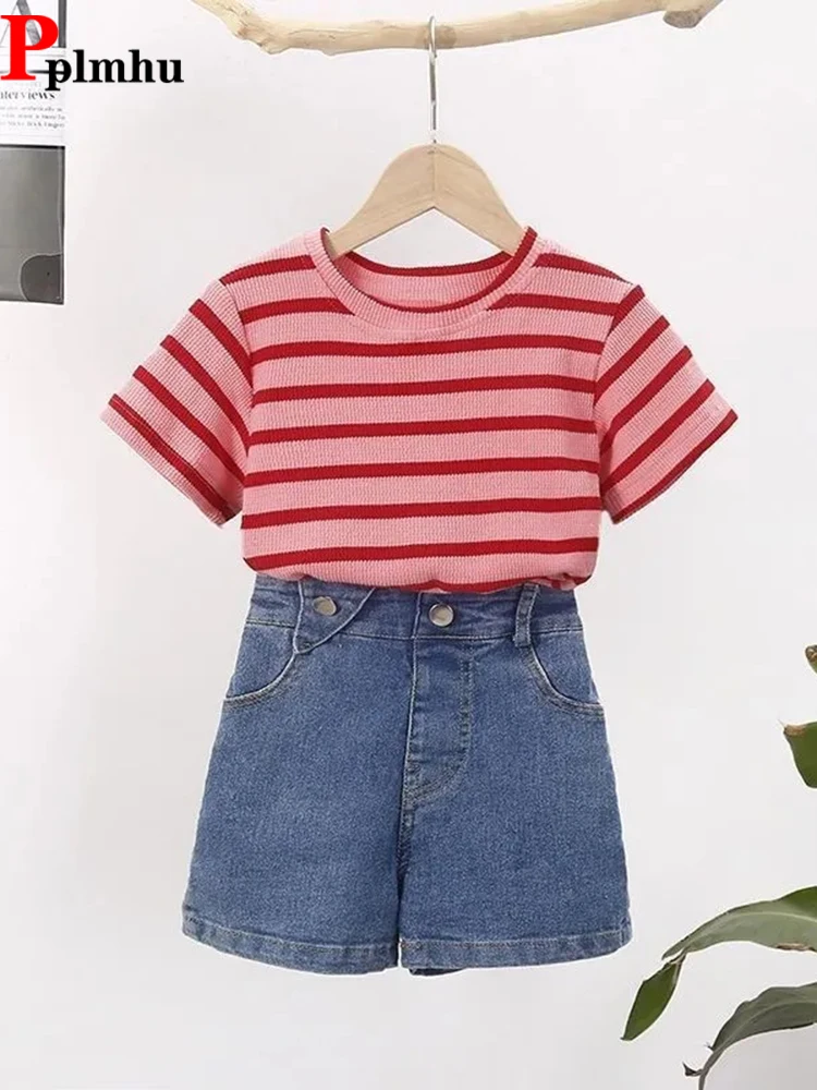 

Children's Summer 2 Piece Sets Fashion Stripe Short-sleeve T-shirts And Baggy Shorts Jeans Outfit Casual Girls Tshirt Conjuntos