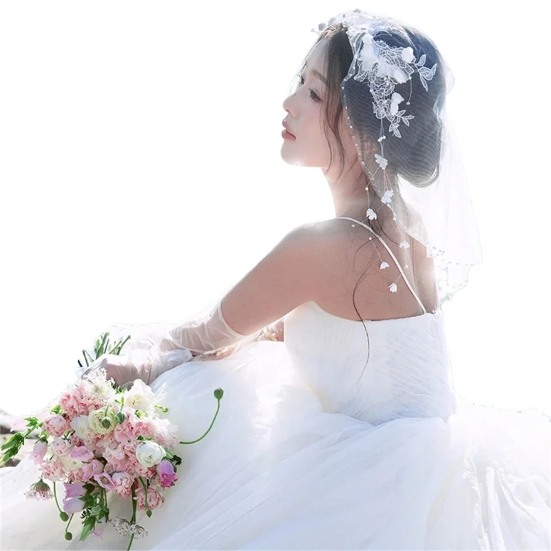 

Wedding Veil Short Veil for Wedding Party Bride White Flower Head Scarf White