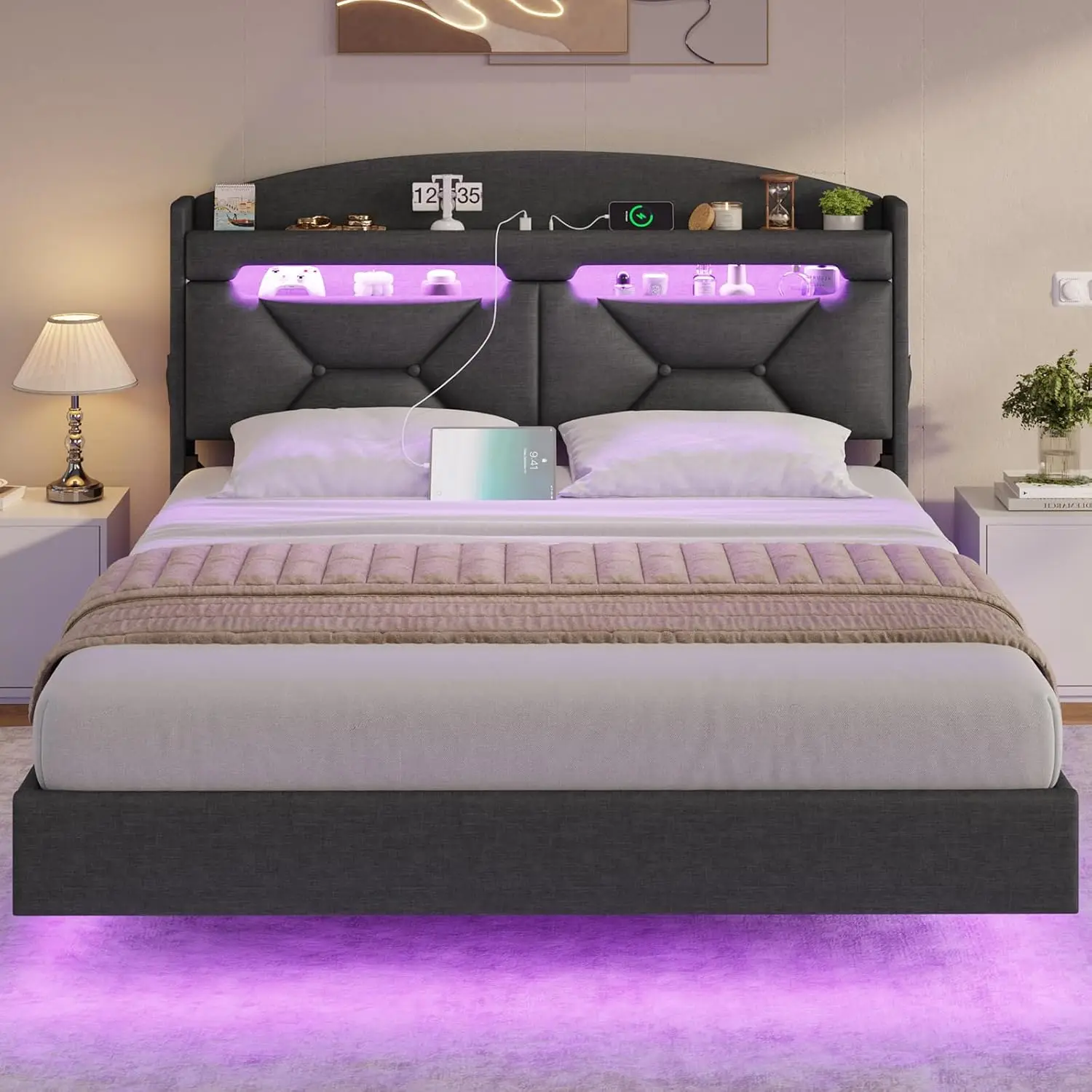 Floating Queen Bed Frame with Charging Station & Hidden Storage Headboard, RGB Floating Platform Bed Dark Grey 3