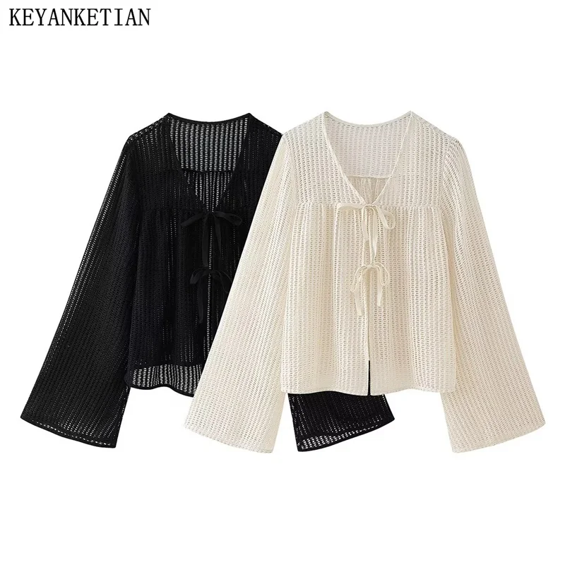 KEYANKETIAN 보헤미안 홀리데이 윈드 할로우 아웃 니트 가디건, 레이스업 활 플레어 슬리브, 얇은 크롭탑 니트웨어, 2024 신제품