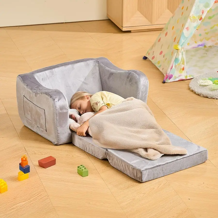 2in1 Kids Sofa, Foldable Toddler Couch with Armrests, Made of 28D Sponge amp Short Pile, Convertible Toddler Chair to Lounger, 2