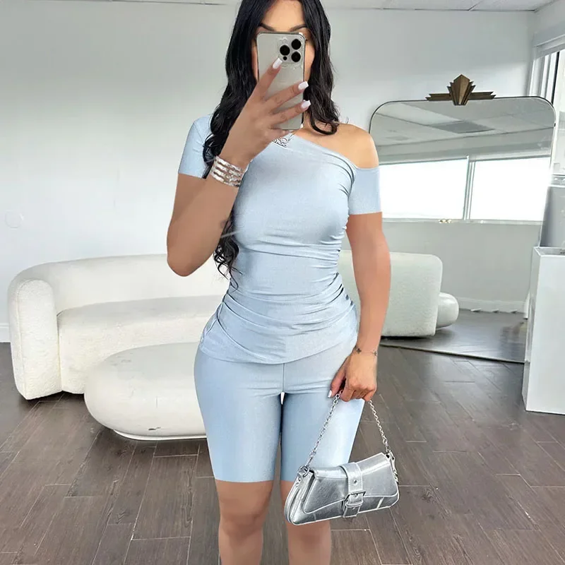 Solid Elegant Shorts Set Women Two Piece Set Summer Clothes Off Shoulder Short Sleeve Top and Shorts Casual Matching Sets Outfit