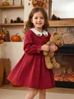 Robe unie pour filles avec col Peter Pan contrastant et décoration cerise, jupe trapèze douce et ample pour les fêtes quotidiennes 2