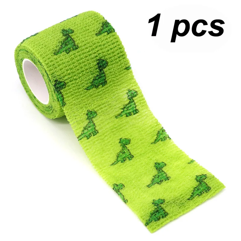 Green Dinosaur Printed Self-Adhesive Elastic Bandage Wrap Tape - 5cm Width, Multipack