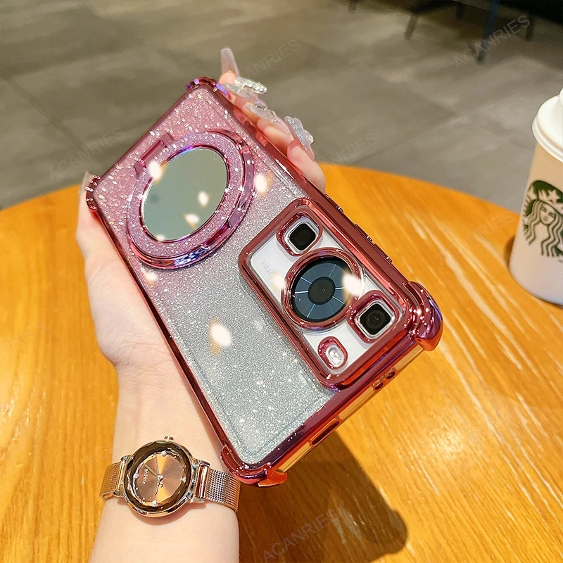Four-Corner Anti-Shock Plating Phone Case with Makeup Mirror Stand