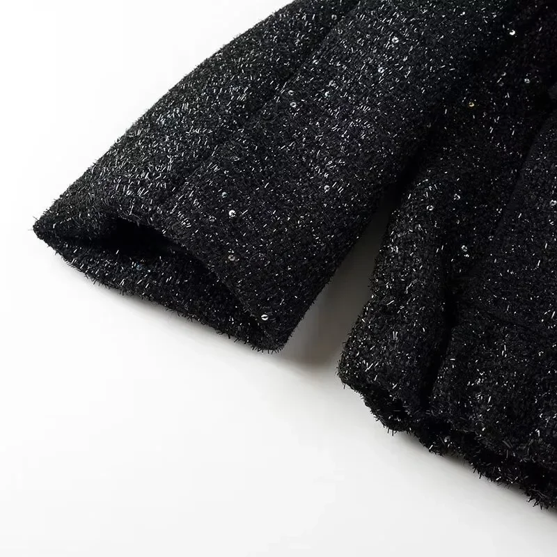 Seba74b7197c64e42a5dfc0f55e9ab24et Women's Sequined Bomber Jacket Fall New Round Neck Long Sleeve Pocket Stretch Hem Sequins Jacket Coat Female Chic Outerwear Mallzona