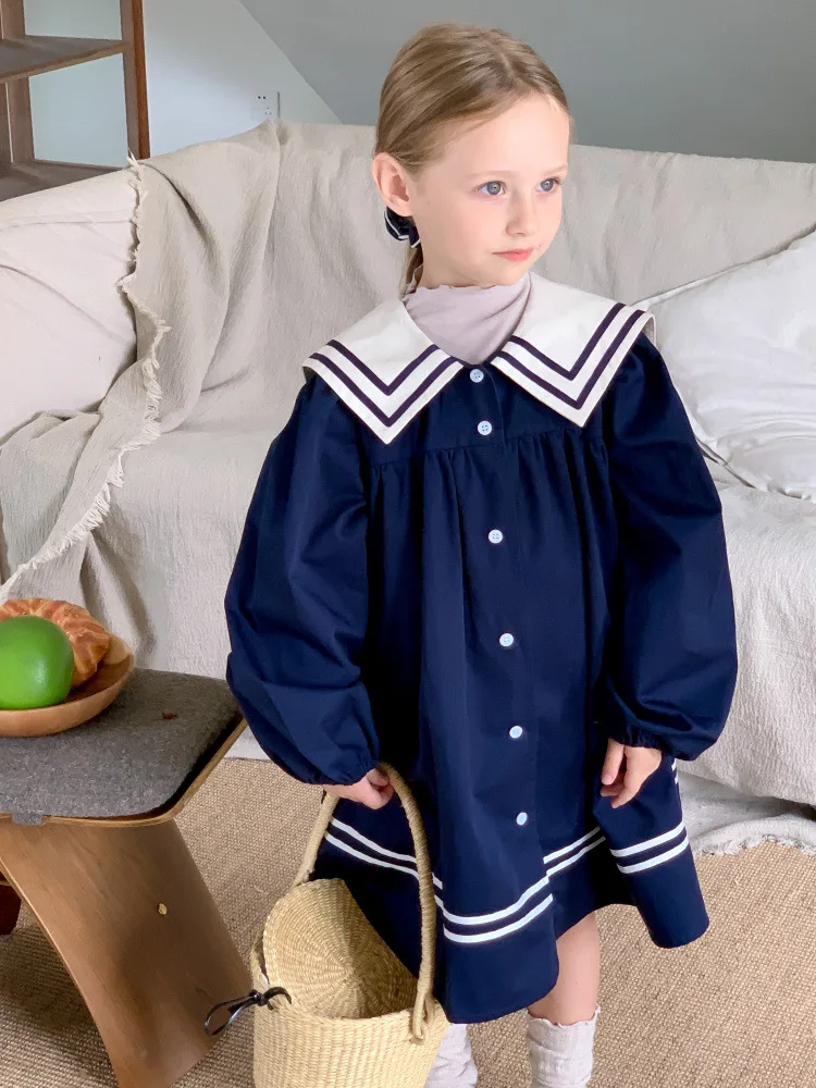 

Платье для девочек, корейское платье для девочек, новинка весны 2024, платье в морском стиле, платья принцессы с длинными рукавами для маленьких девочек, модная юбка