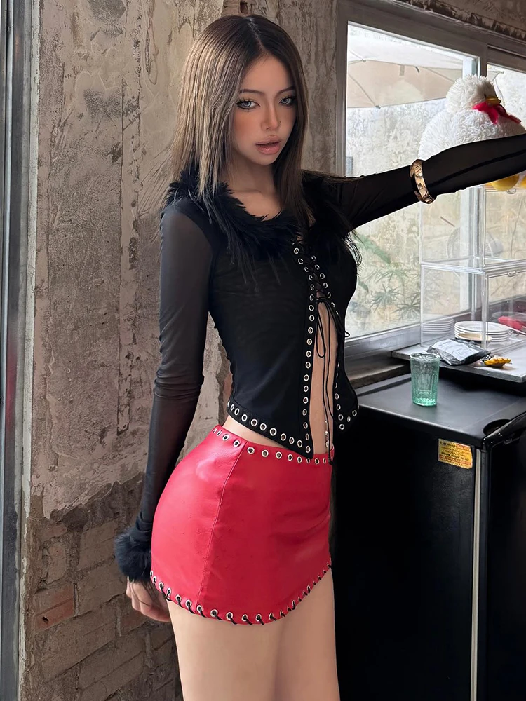 Nibber Shirring Coquette Feather Mesh Patchwork T-Shirts Women Metal Hollow Full Sleeve Stretch Midnight Party Sexy Clubwear