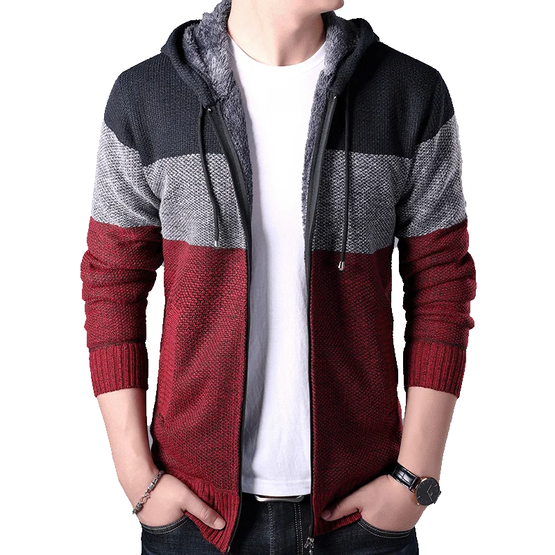 Men Knitted Thick Sweater Cardigan Autumn Winter Mens Warm Casual Sweater Male Faux Fur Fleece Hooded Sweatercoats