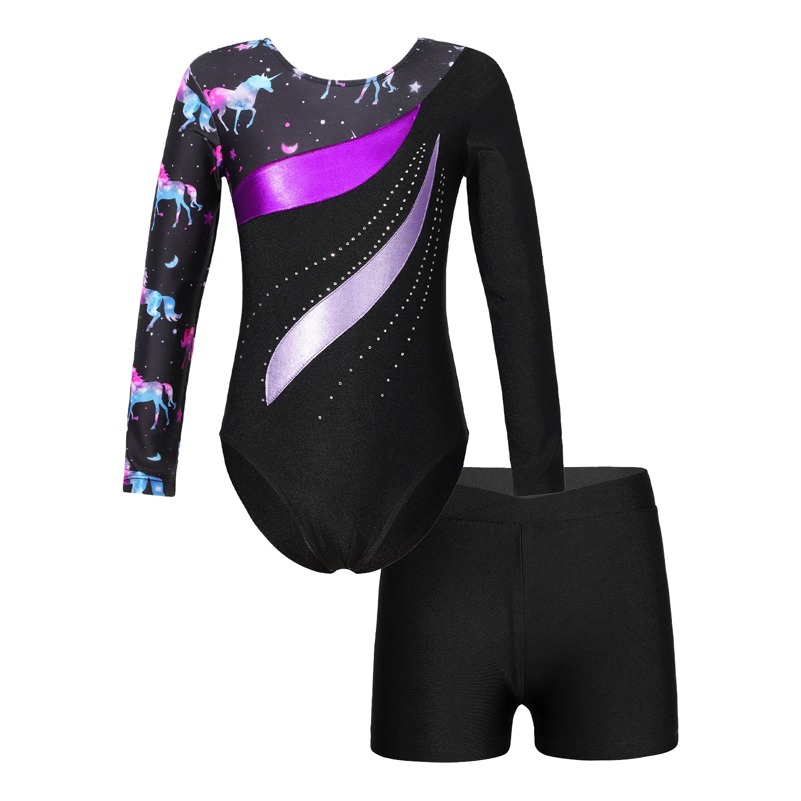 thumbnail image 1 of Niños Niñas gimnasia patinaje artístico Ballet Jersey diamantes de imitación brillantes impreso danza traje leotardo mono con pantalones cortos, 1 of 5