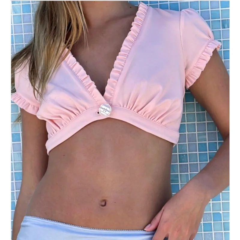 Damen Y2K Rüschen-V-Ausschnitt Crop-Top Puffärmel Knopfleiste Vorne Geraffte Brust Kurze Bluse Süßes Sexy Strand-Urlaubs-Top