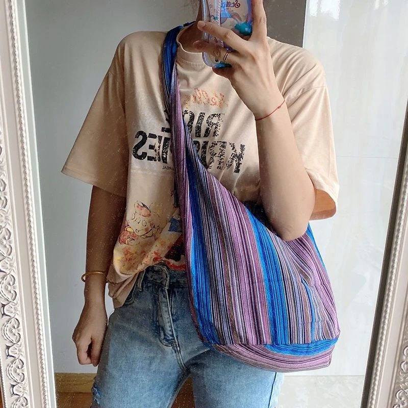 Vintage Bohemian Chic Canvas Shoulder Bag Ethnic Style Large Capacity Handbag Soft Tote Bag Casual Crossbody Bag Female Daily