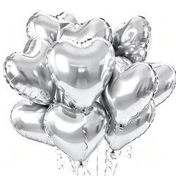 10 - Pack Rose Red & Pink Heart Foil Balloons for Romantic Celebrations (Metal silver)