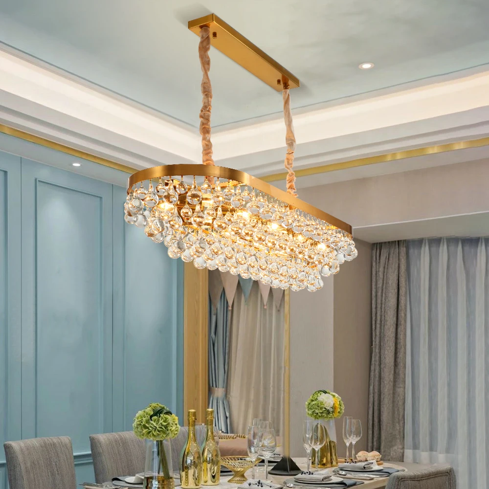 

Gold Rectangle Kitchen Modern Chandelier for Living Room Dining Room Water Droplet Crystal Lamp Villa Hall Store Light Fixtures