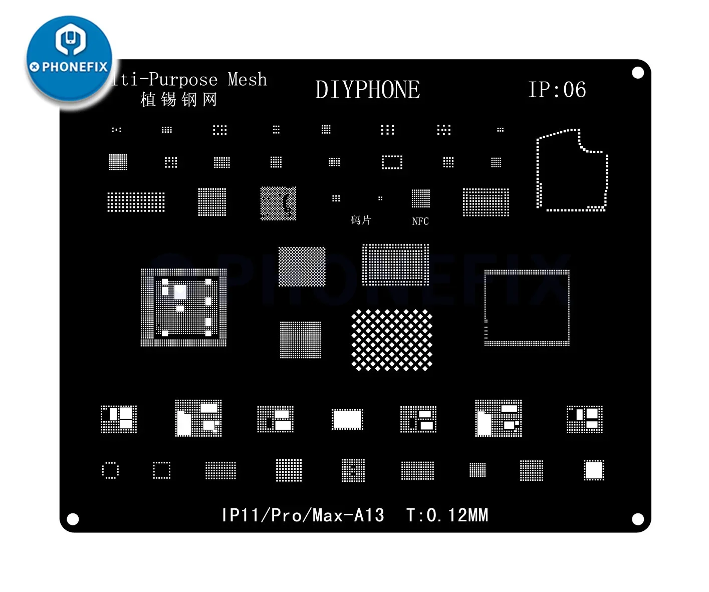 DIYPHONE BGA 리볼링 스텐실 키트, 아이폰 16, 15, 14, 13, 11, 12 프로 맥스, X, XR, 8P, 8, 7P, 6, 블랙 스틸, CPU IC 칩, 주석 납땜 네트