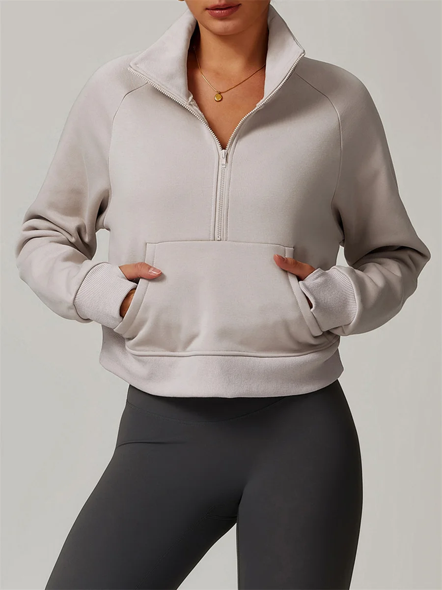 Autumn and Winter Fleece Loose Hoodie Women Lamb Fleece Long Sleeve Thickened Warm Jacket Outdoor Half Zipper Sport Running Top