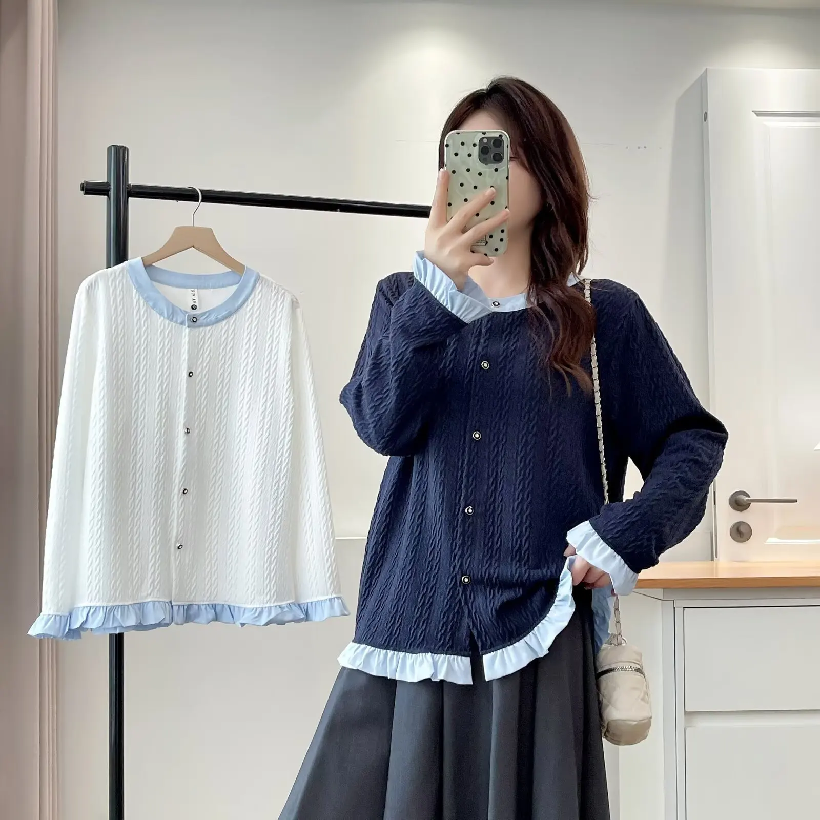 Fashion Plus Size Women's Blouse New Autumn Style Color Blocking Ruffled Hem O-Neck Long Sleeve Tops 812