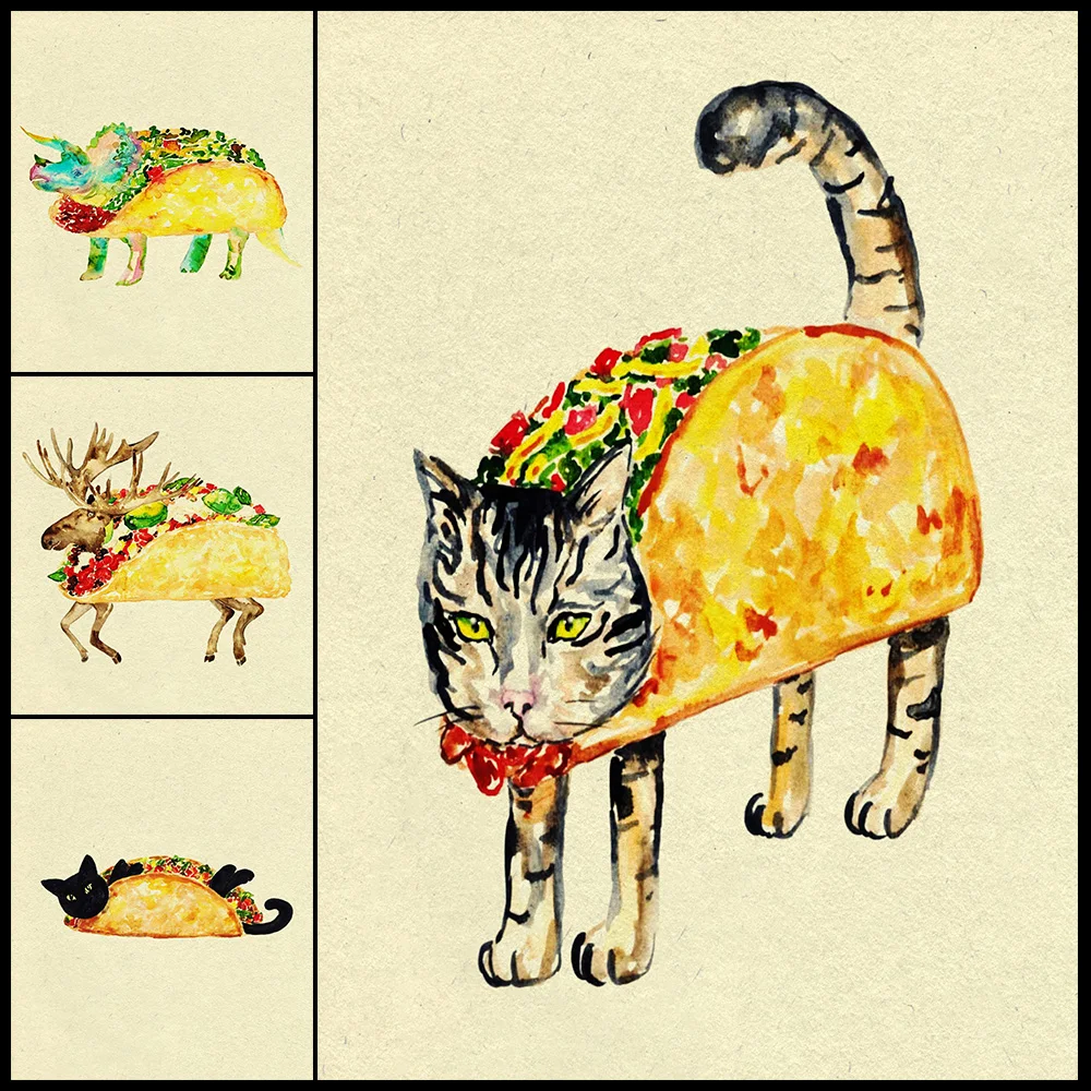 

Funny Taco Cat Mexican Kitchen Restaurant Decor Posters Wall Pictures For Living Room Poster Wall Art Canvas Painting Unframed