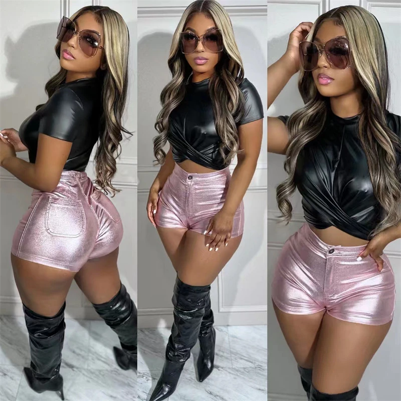 Sparkling PU Leather Summer Shorts Women New Popular Biker Shorts Sexy Zipper Fly Slim Casual Pants Y2K Night Club Hot Trousers