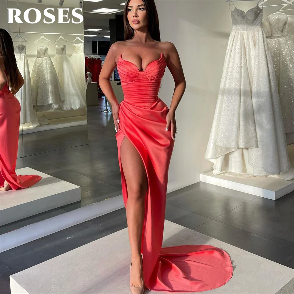 

Ruched Pink Evening Dress V-Neck Side Split Mermaid Dubai Celebrity Gowns Sleeveless Bodycon Arabia Pleat Party Gown robe soirée