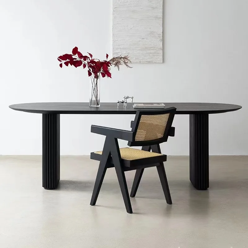 Atunus Nordic Minimalist Reclaimed Solid Wood Black Dining Table Ribbed Modern Luxury Dining Table 8 Seater Oval