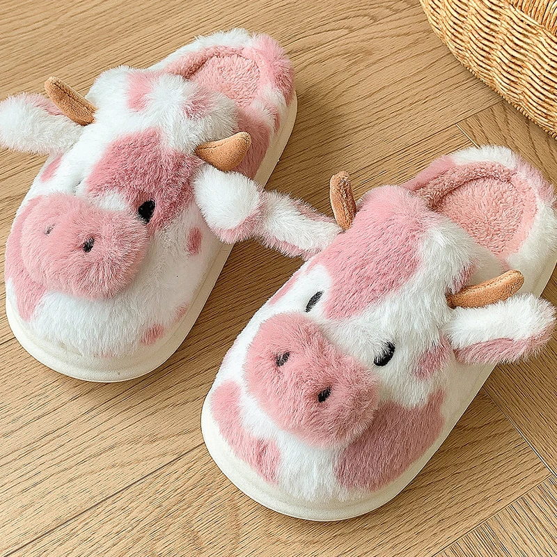 Casual Fluffy Slippers Women House Cute Cartoon Cow Designer Shoes Girl Flat Fashion Elegant Plush Winter Platform Footwear Home — view 5