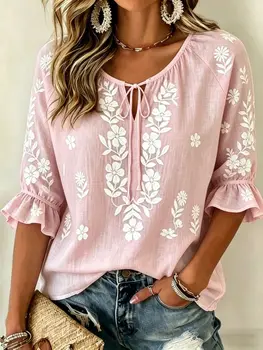 Women's Pink Floral Embroidered Tie Neck Blouse, Casual Loose Tops for Spring Summer Daily Wear & Vacation Occasions