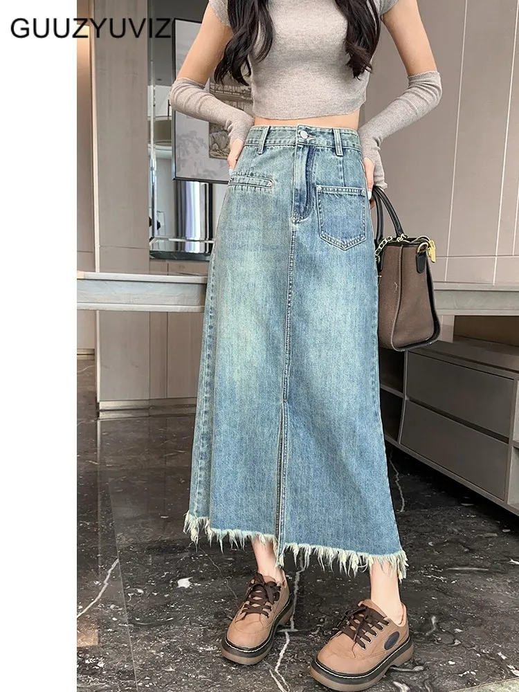 

GUUZYUVIZ Summer Tassel A Line Split High Waist Fur Edge Long Denim Skirt Woman