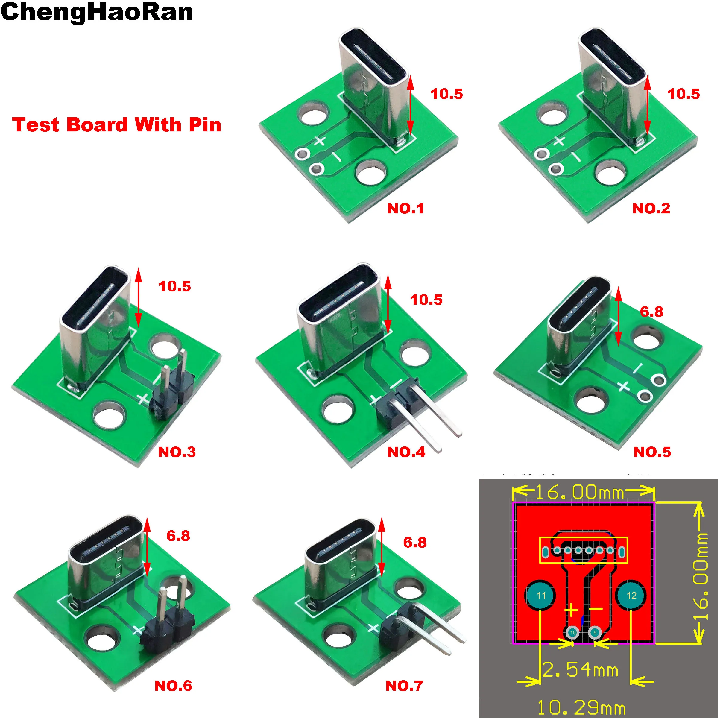 

5PCS 16x16 2.54 Data Charging Cable Jack Test Board Pin Header 90 Degree Vertical Type-C Female Connector Test PCB Board Adapter