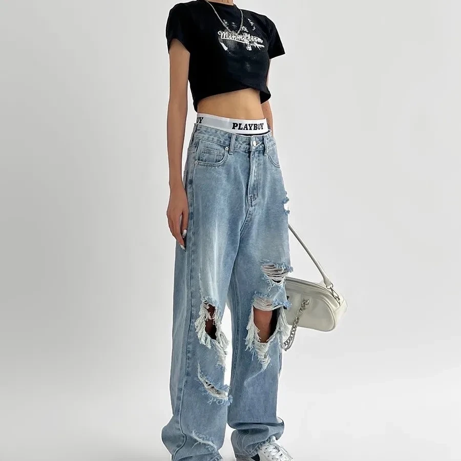Vintage Streetwear Jeans Women High Waist Ripped Denim Trousers Female Straight Leg Jeans Woman Hole Loose Wide Leg Pants