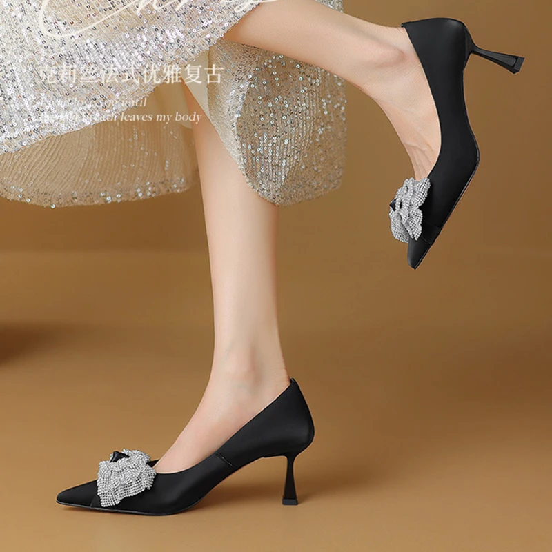 6.5CM New Women Genuine Leather High Heel Shoes Pointed Tip Spring Fashion Leisure Club Party Wedding Women Heels Shoes 35-39