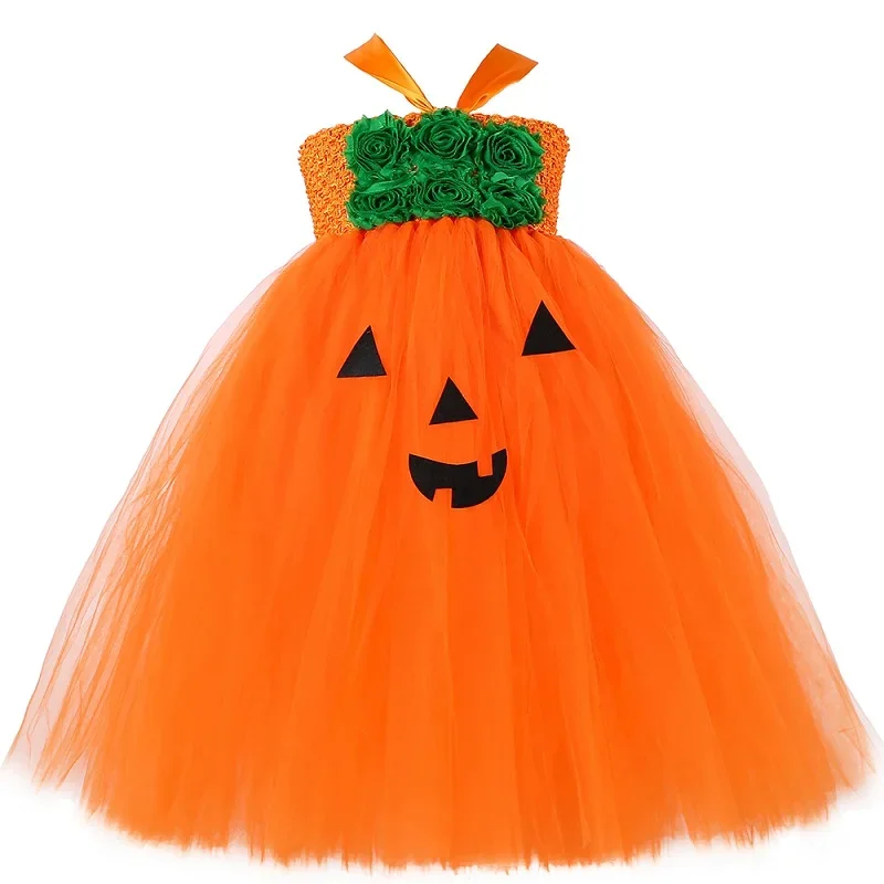 thumbnail image 1 of Disfraz de calabaza de Halloween para niños, vestido de tutú naranja Jack, vestido de princesa con flores para niñas, vestido de tul para fiesta elegante, 1 of 5