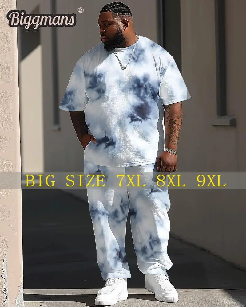Biggmans T-Shirt Plus Size Set L-9Xl for Summer Oversize Suit Comfortable Men's Large Tie-dye Printed Short Sleeve Trousers 7XL