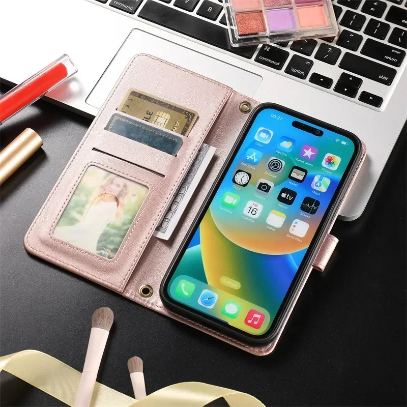 Leather Wallet Phone Case with Long Lanyard - Card Holder Cover