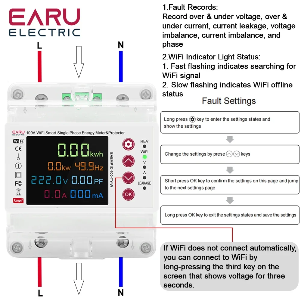 Tuya 2P 100A WiFi Smart Bi-Directional Energy Power kWh Meter Leakage Over Unde