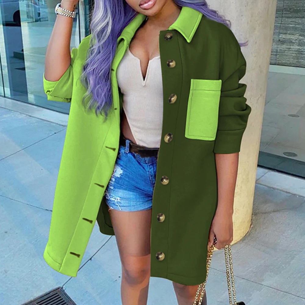 

Stitching Contrast Woolen Coats Women Vintage Oversized Patchwork Jacket 2021 Autumn Tops with Pocket Winter Casual Warm Chic