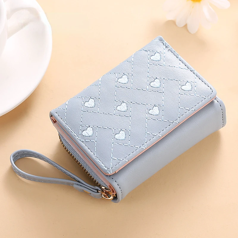 

Women Short Wallet Embroidered Love Pattern PU leather Small Wallet Zipper Coin Purse Multiple Card Holder Money Bag for Female