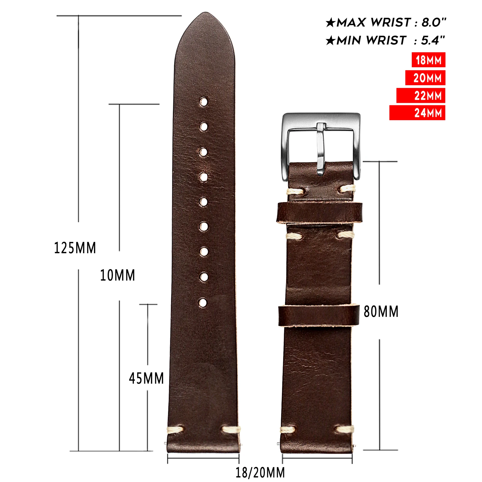 Horween US Chromexcel Leather Watch Bands Black Soft Wrap Handmade Leather Straps 18mm 20mm 22mm