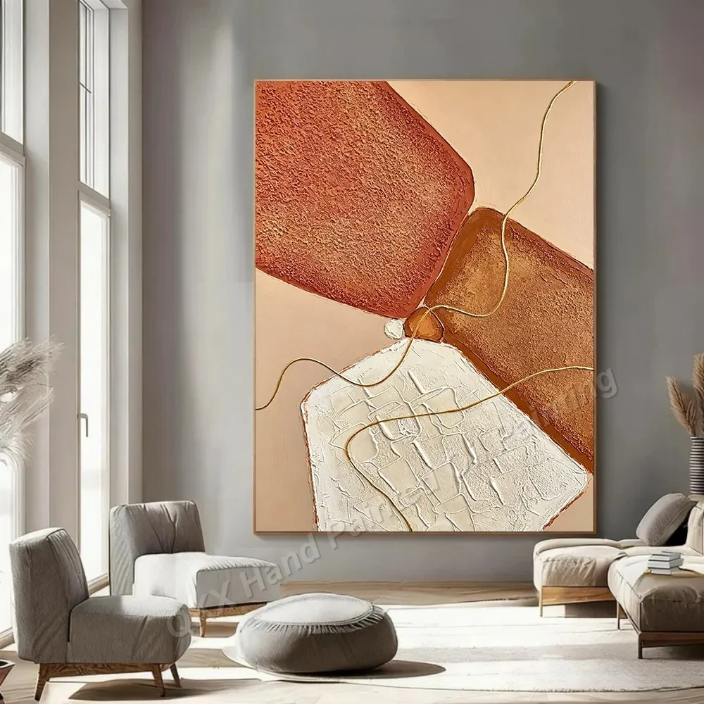Dipinto a Olio su Tela Fatto a Mano, Decorazione Murale per Soggiorno, Arte su Tela Geometrica Wabi-Sabi con Linee Dorate Verticali in Impasto - immagine 5