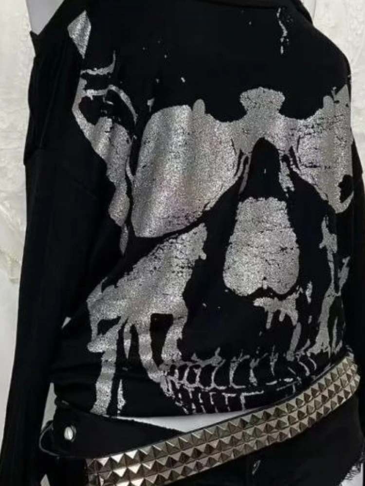 Vintage Y2k Gothic Fake Two Piece Tops Streetwear Punk Skull Print Off Shoulder T-shirts Women Fashion Grunge Harajuku Clothes 5