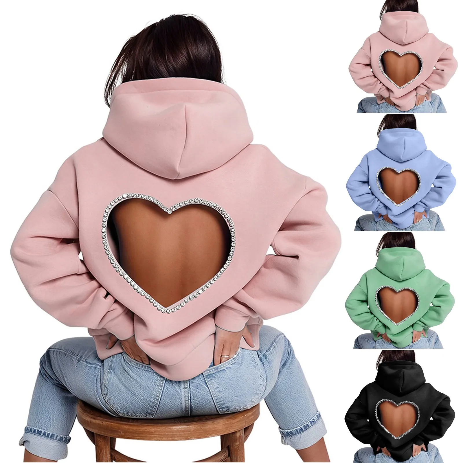 

Women's Hoodies Sweatshirt Sexy Rhinestone Hollow Heart Long Sleeve Pullover Girls Hooded Sweatshirts y2k New fashion Clothes