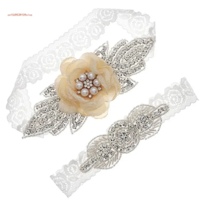 

Wedding Bridal Garter Set Stretch Lace Bridal Garter with Clear Crystal Pearl for Prom Bridesmaid Dress