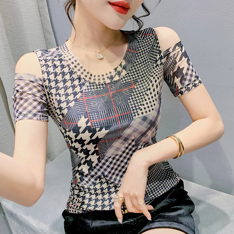 

2023 New Summer Korean Clothes T-Shirt Chic Sexy O-Neck Off Shoulder Print Women's Short Sleeve Tops Bottoming Shirt Tees 32284