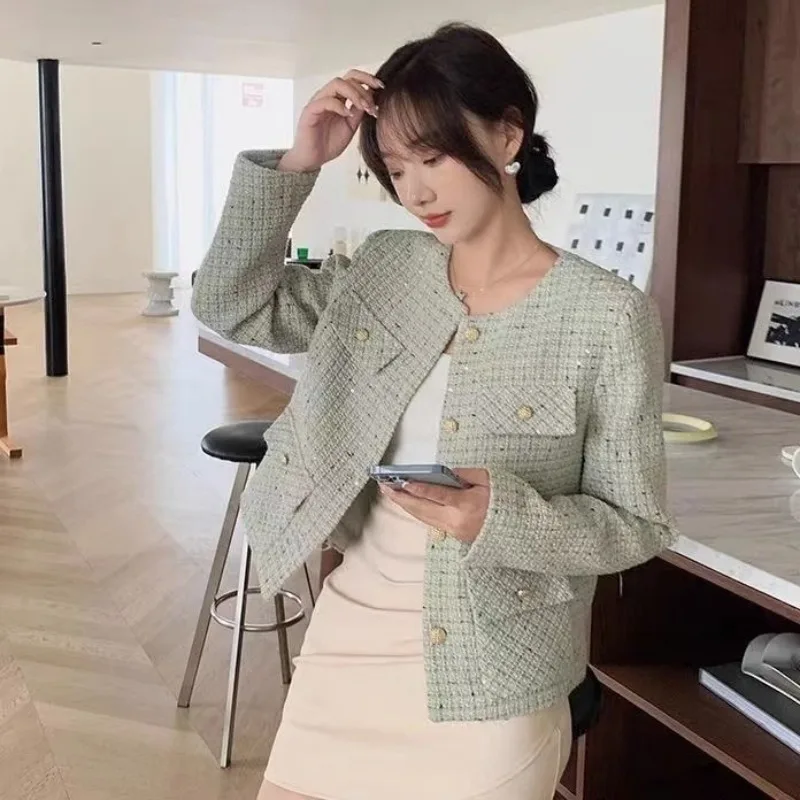 

Small Fragrant Coat Autumn Women Cropped Tweed Jacket Single-breasted Long Sleeves High-end Luxury Office Ladies Outerwear New