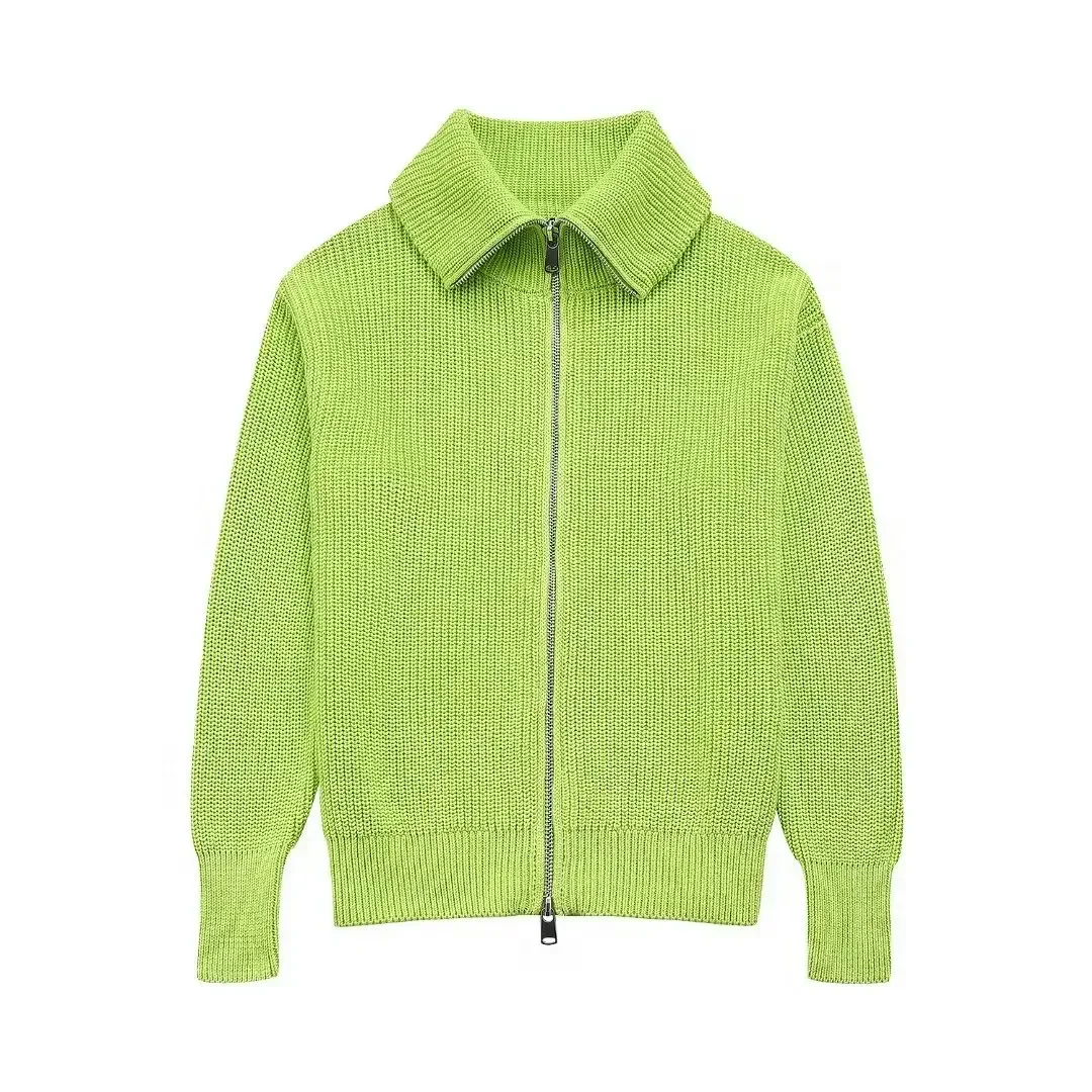 

Женское трикотажное пальто на молнии, повседневное свободное трикотажное пальто с отложным воротником и длинными рукавами в стиле ретро, 2024