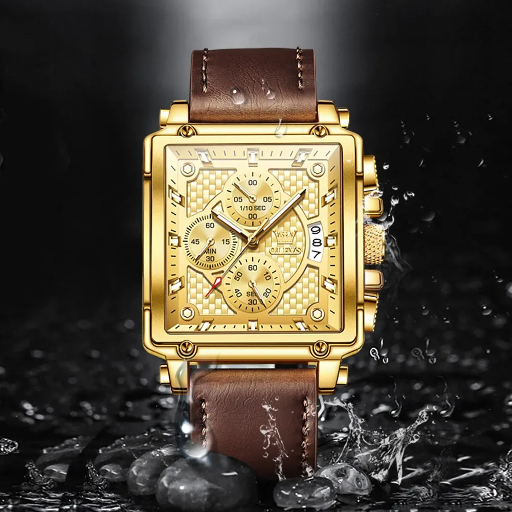 OLEVS Quartz Watch for Men Luxury Square Dial Breathable Leather Strap Waterproof Luminous Fashion Sport Men's Wristwatch Reloj