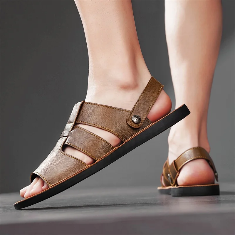 2026 New Fashion Casual Leather Men's Sandals Summer Hollow Out Slip On Sandals Classic Breathable Beach Shoes Outdoor Sandals 6