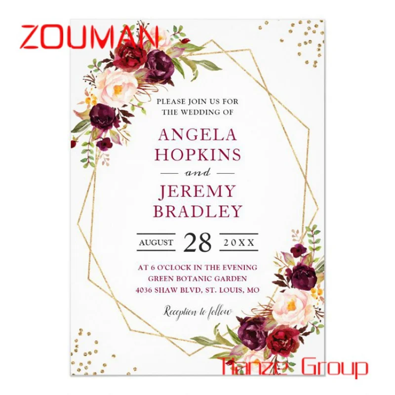 

Custom , Luxury Custom Blush Burgundy Floral Modern Gold Frame Wedding Invitation