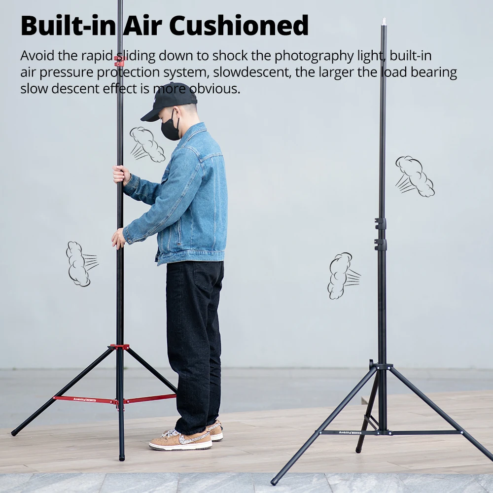 Ambitful GM280 Air Cushioned Light Stand 2.8M Aluminum Alloy Adjustable Heavy Duty Tripod for Studio Live photography shooting